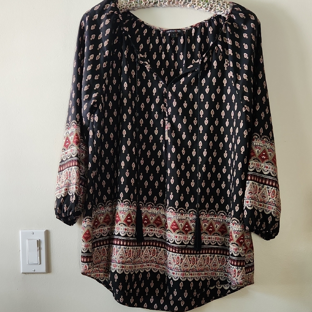 Black Boho Border-Print Tunic with Red and Cream Accents